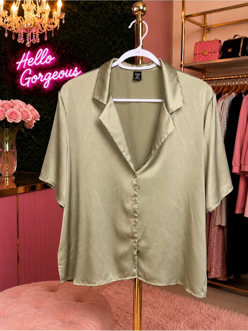 SHEIN Curve Satin Button-Up Blouse | Sage Green | 0XL